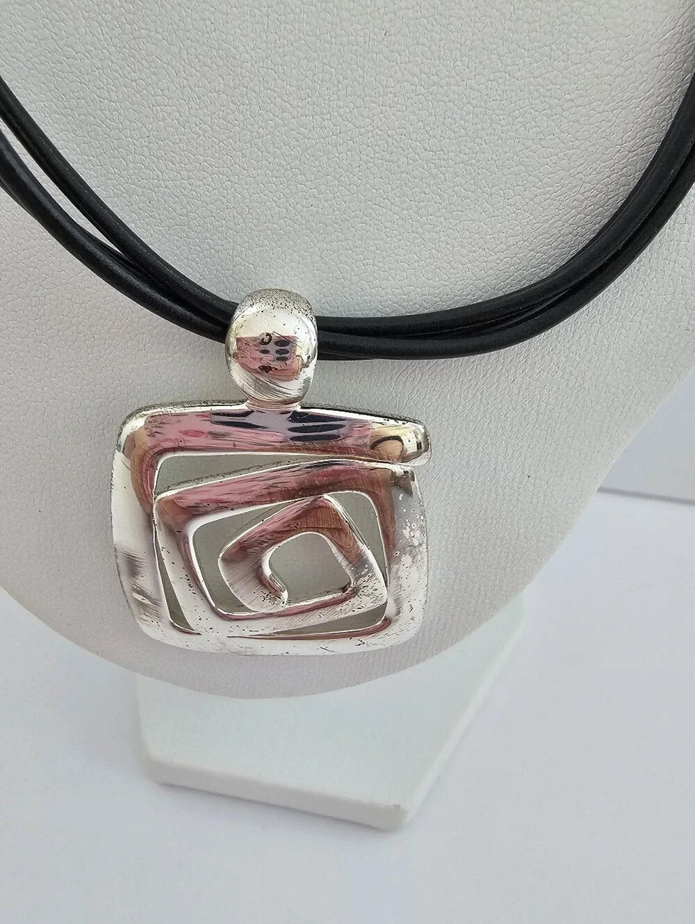 Modernist Geometric Spiral Pendant Necklace Black Multi Strand Cord Abstract